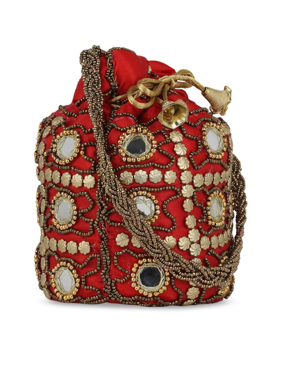 gaura pakhi red & gold-toned embellished potli clutch