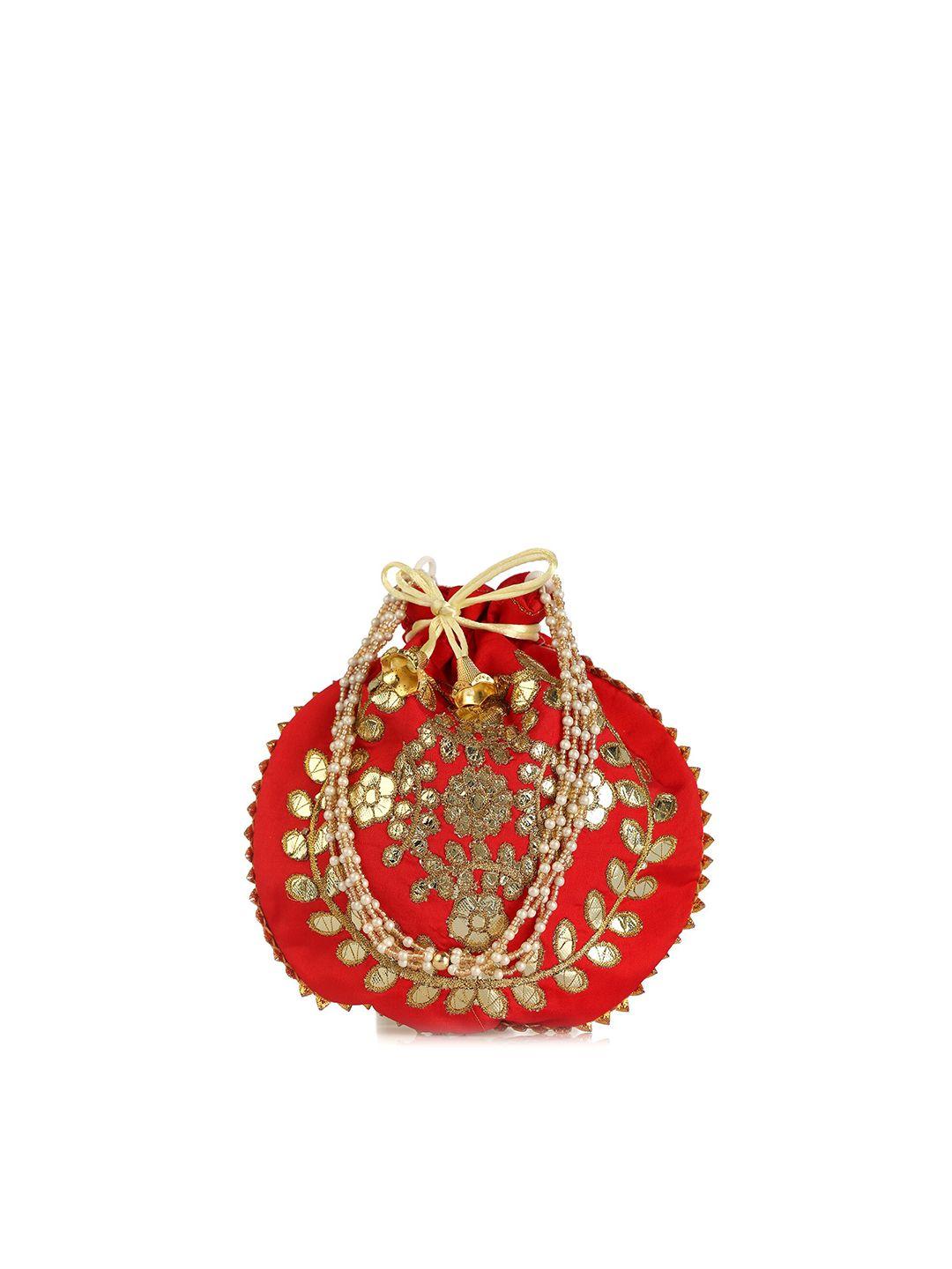 gaura pakhi red & gold-toned embroidered embroidered potli clutch
