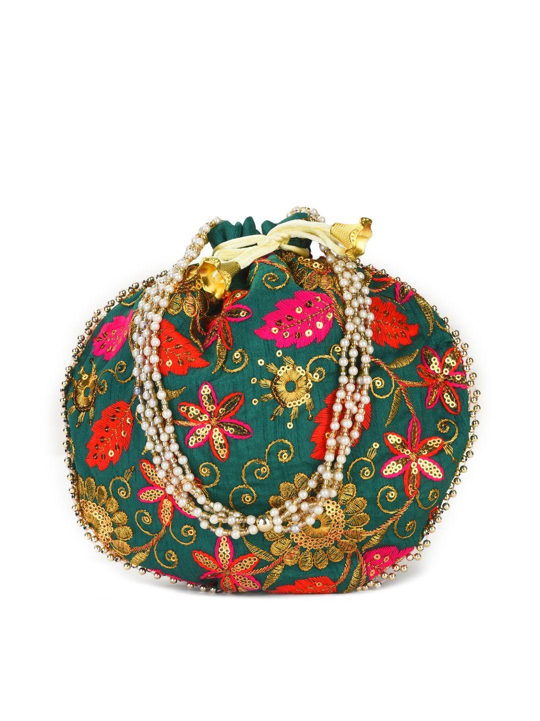 gaura pakhi teal & pink embroidered potli clutch