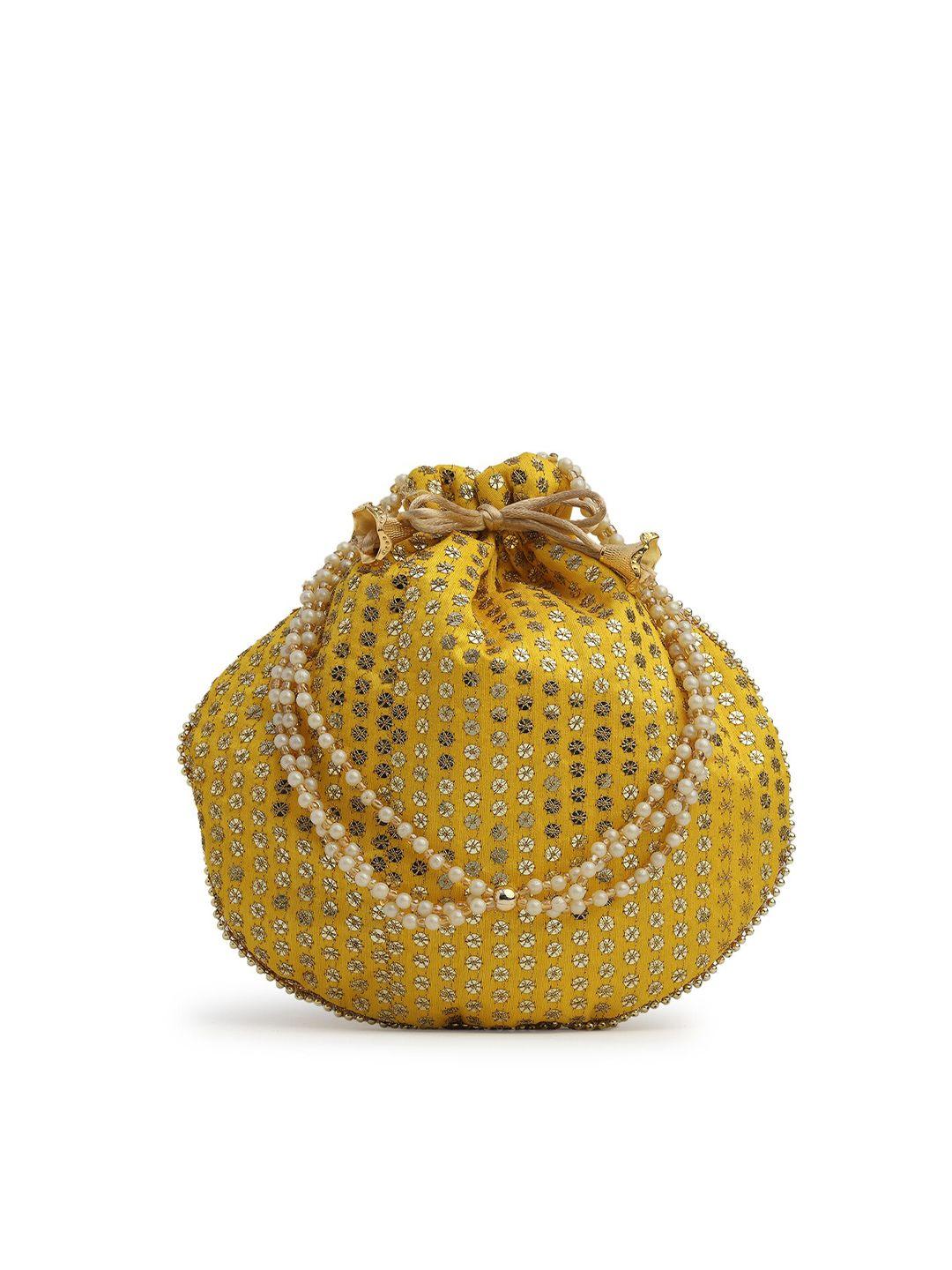 gaura pakhi yellow & gold-toned embroidered potli clutch