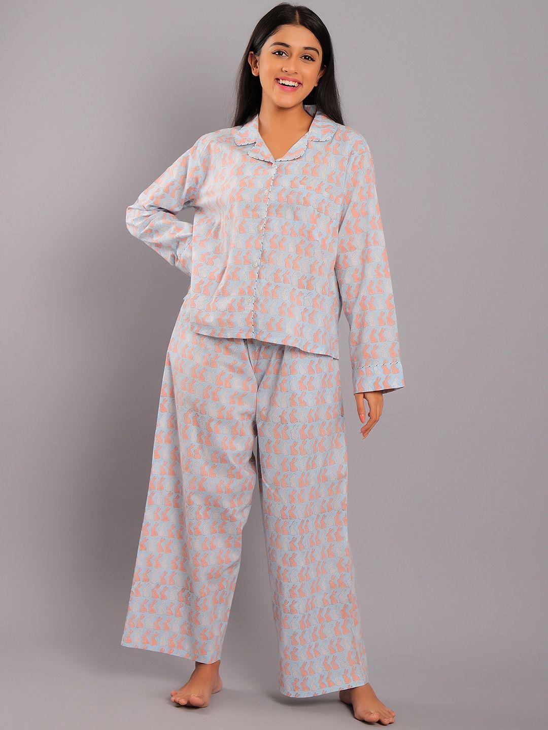 gauranche women blue printed pure cotton night suit