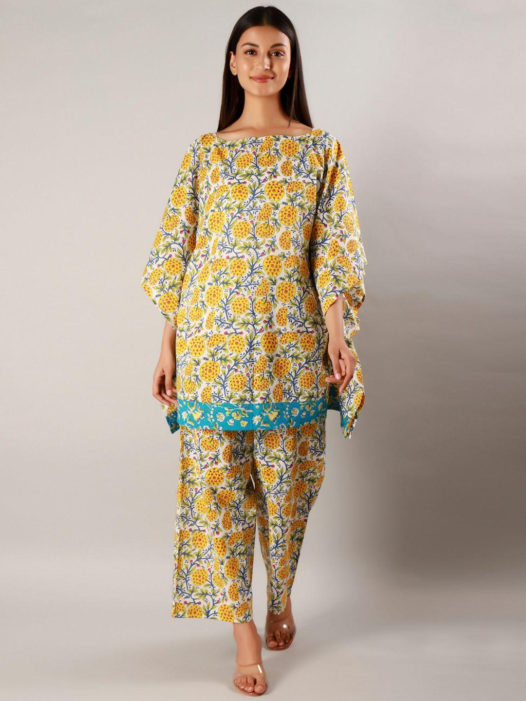 gauranche women yellow & white printed kaftan kurta with trousers