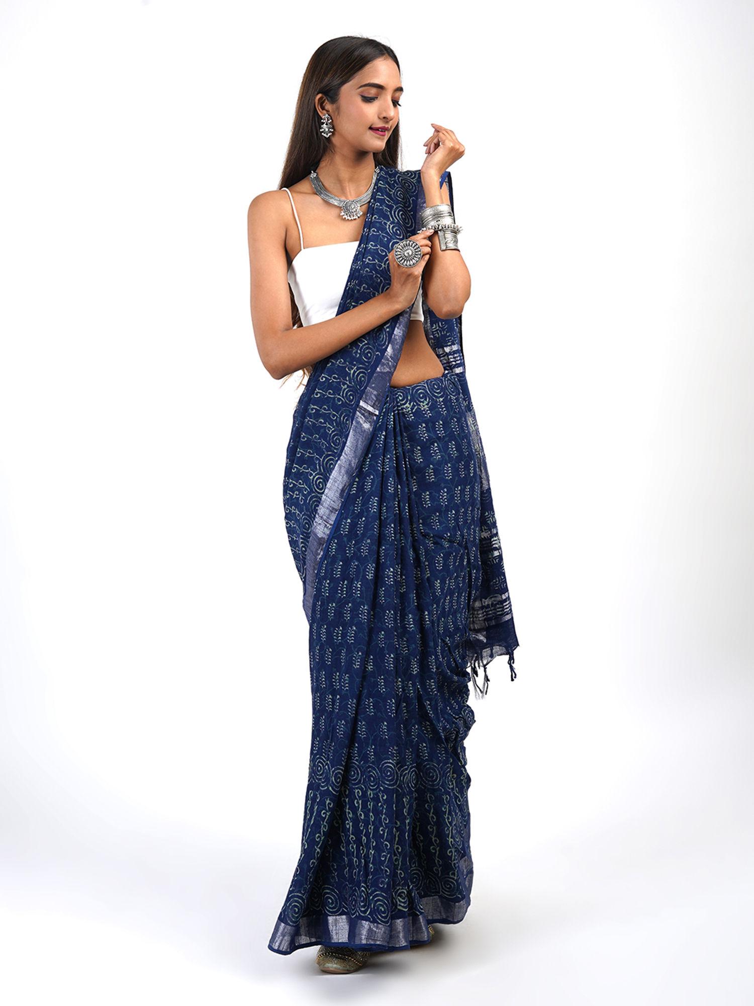 gaurangi indigo print linen saree with unstitched blouse