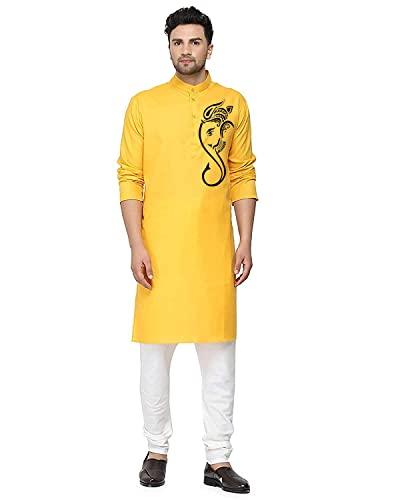 gauri laxmi enterprise men's cotton blend solid straight kurta ylw-38_ganesha yellow