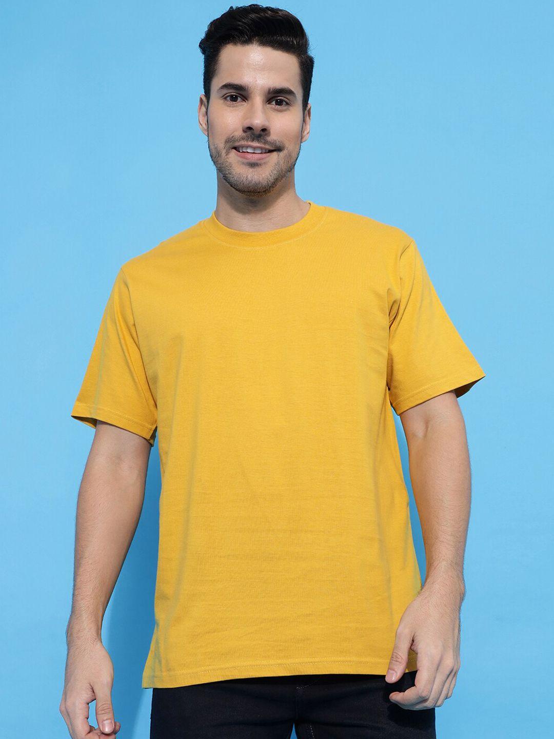 gavin paris men mustard yellow checked pure cotton raw edge loose t-shirt
