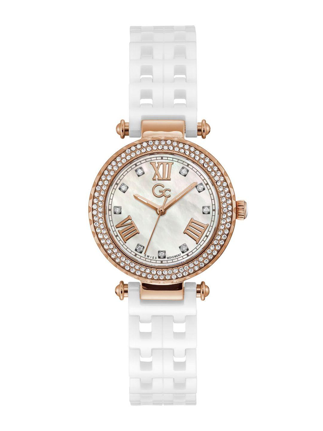 gc women embellished dial & white ceramic bracelet style straps analogue watch y66006l1mf