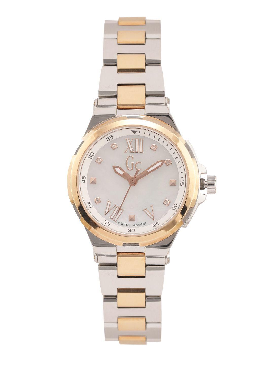 gc women silver-toned mother of pearl analogue watch y33104l1