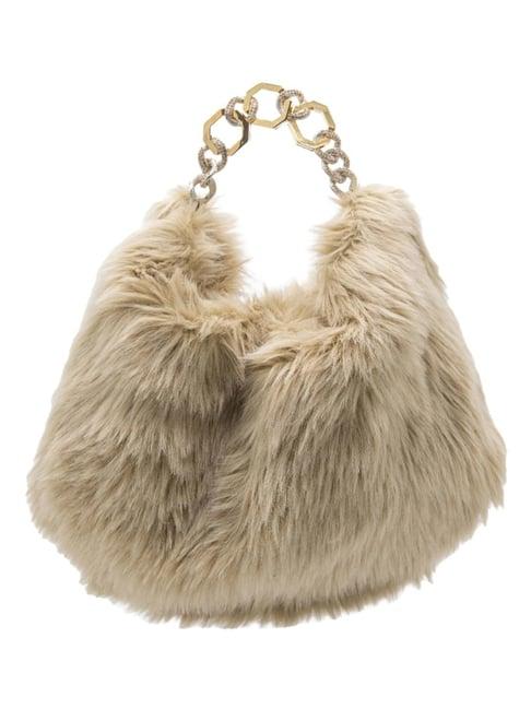 gedebe beige eco foxy fur large hobo bag