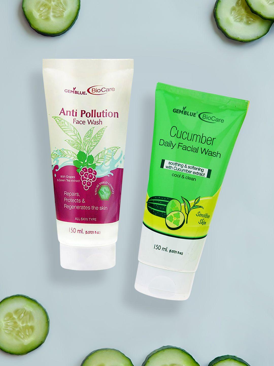 gemblue biocare combo of anti-pollution with green tea and cucumber face washes 150ml each