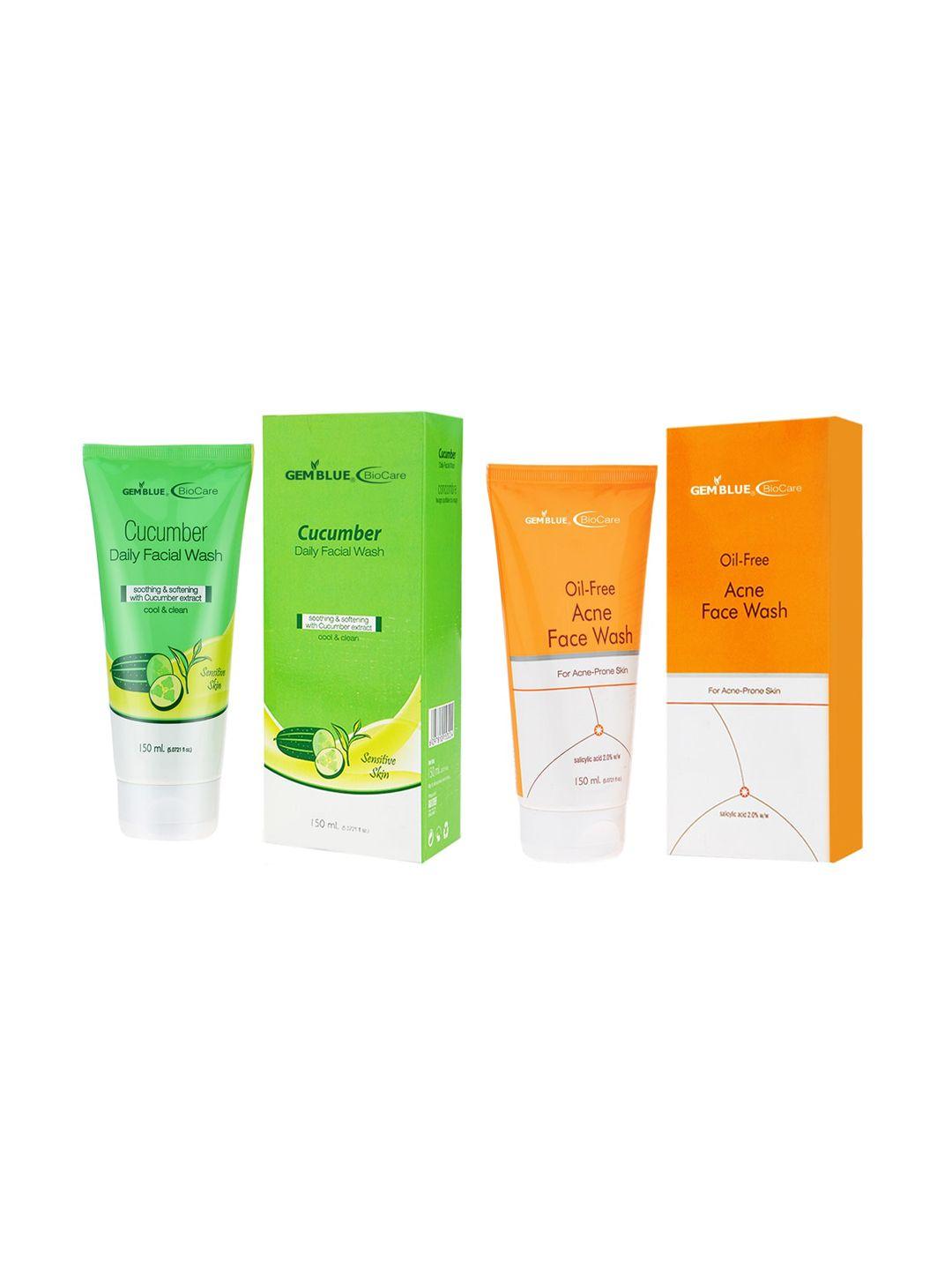 gemblue biocare unisex oil free acne and cucumber daily face wash 150 ml each combo of 2