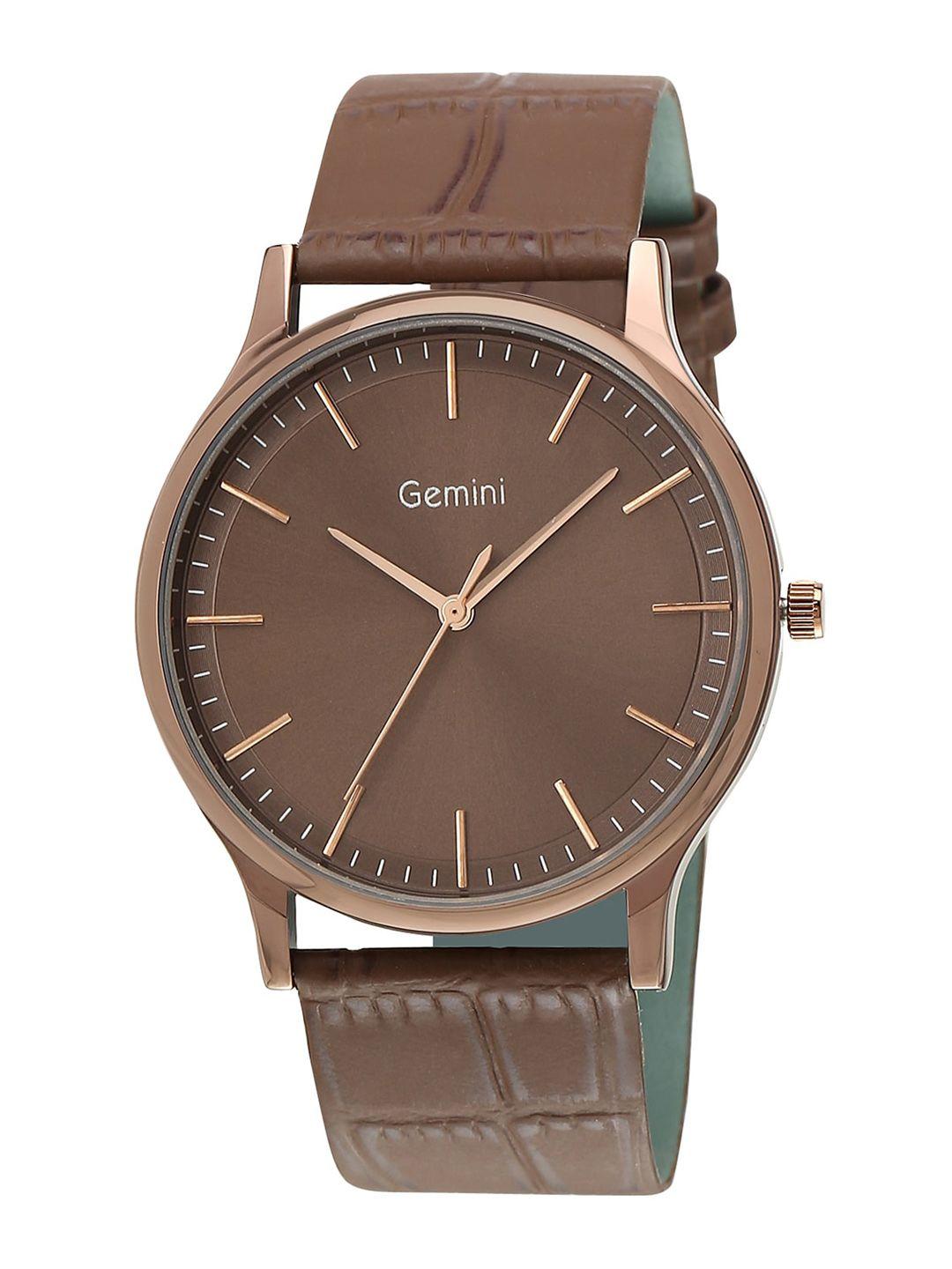 gemini men brown dial & leather straps analogue watch bns 1050qpl01