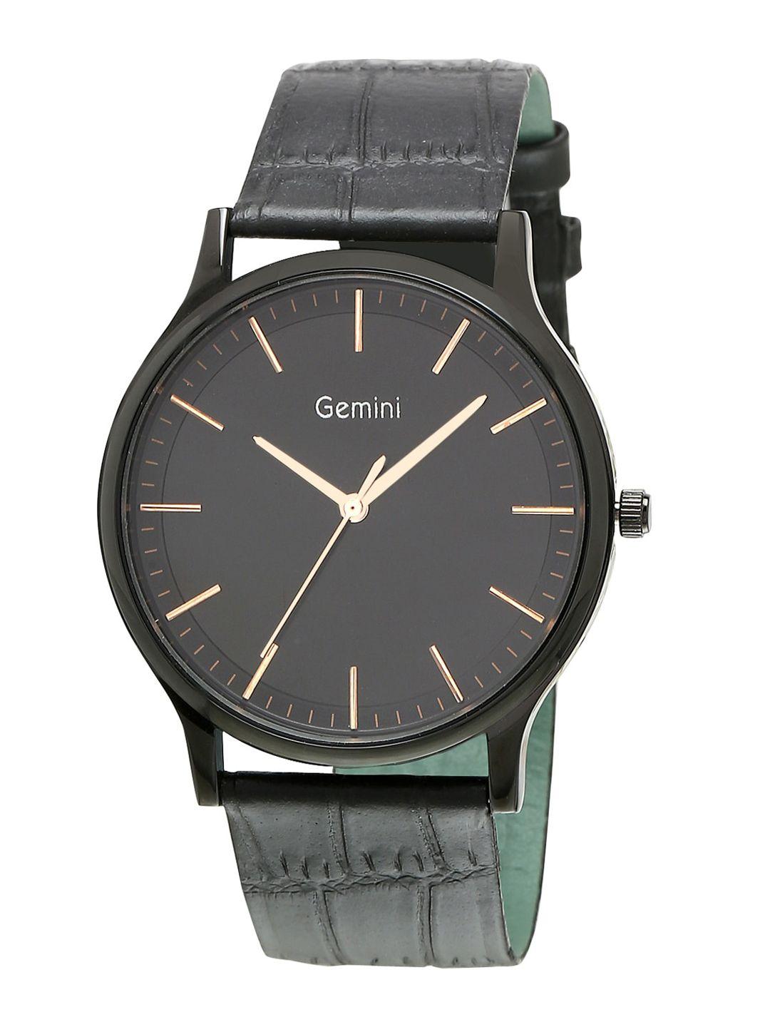 gemini men round dial & leather straps analogue watch bns 1050pnl01