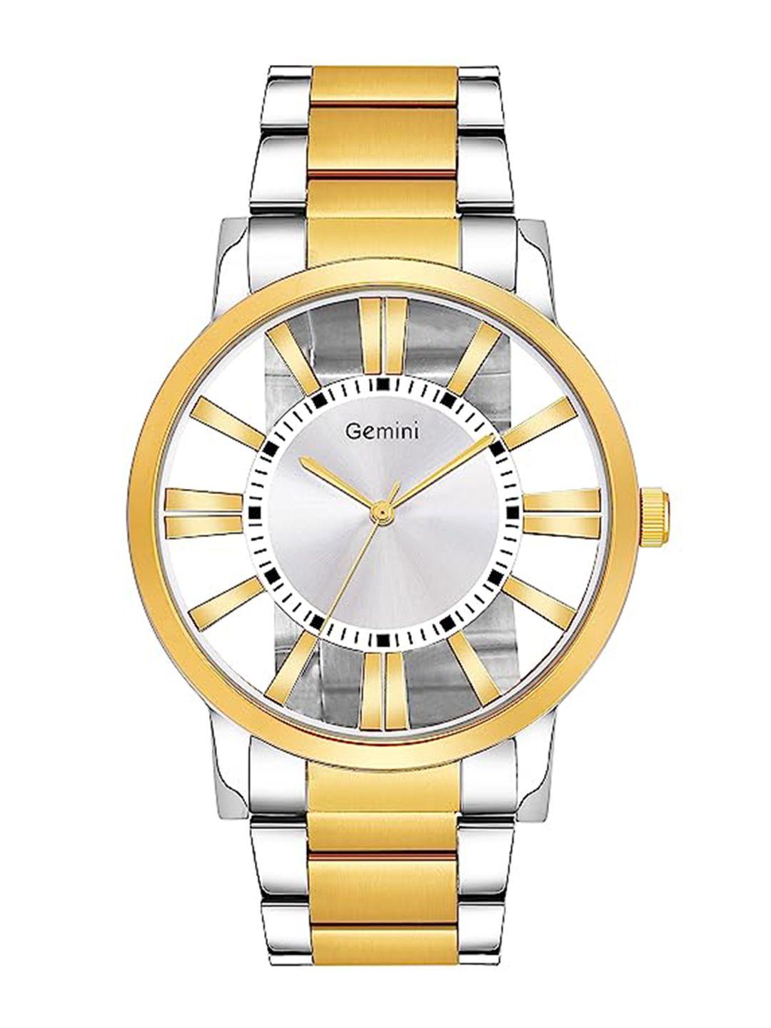 gemini men silver-toned mother of pearl dial & stainless steel bracelet style straps analogue watch bns