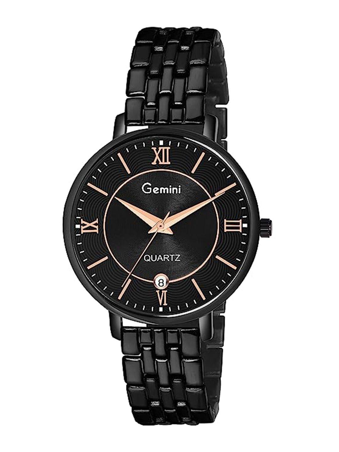 gemini women black embellished dial & stainless steel bracelet style straps analogue watch 3132nm01