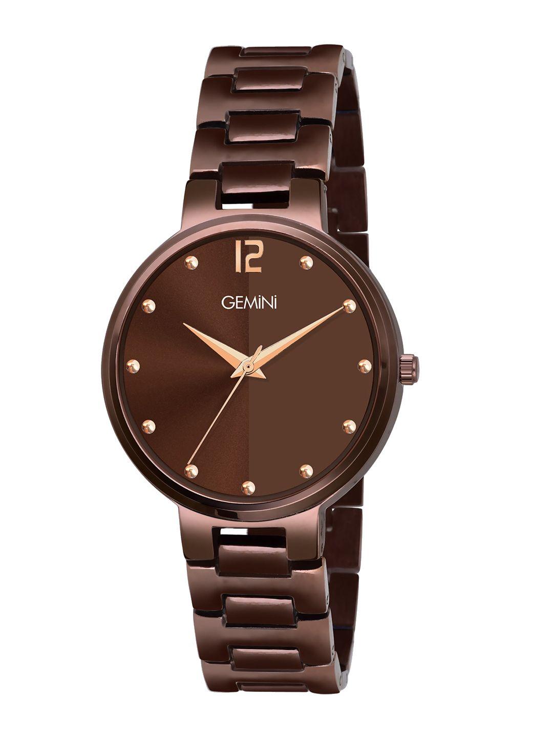 gemini women brown embellished dial & stainless steel straps analogue watch bns 11gbqm01