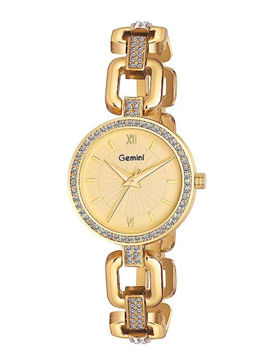 gemini women gold-toned embellished dial & stainless steel bracelet style straps analogue watch bns