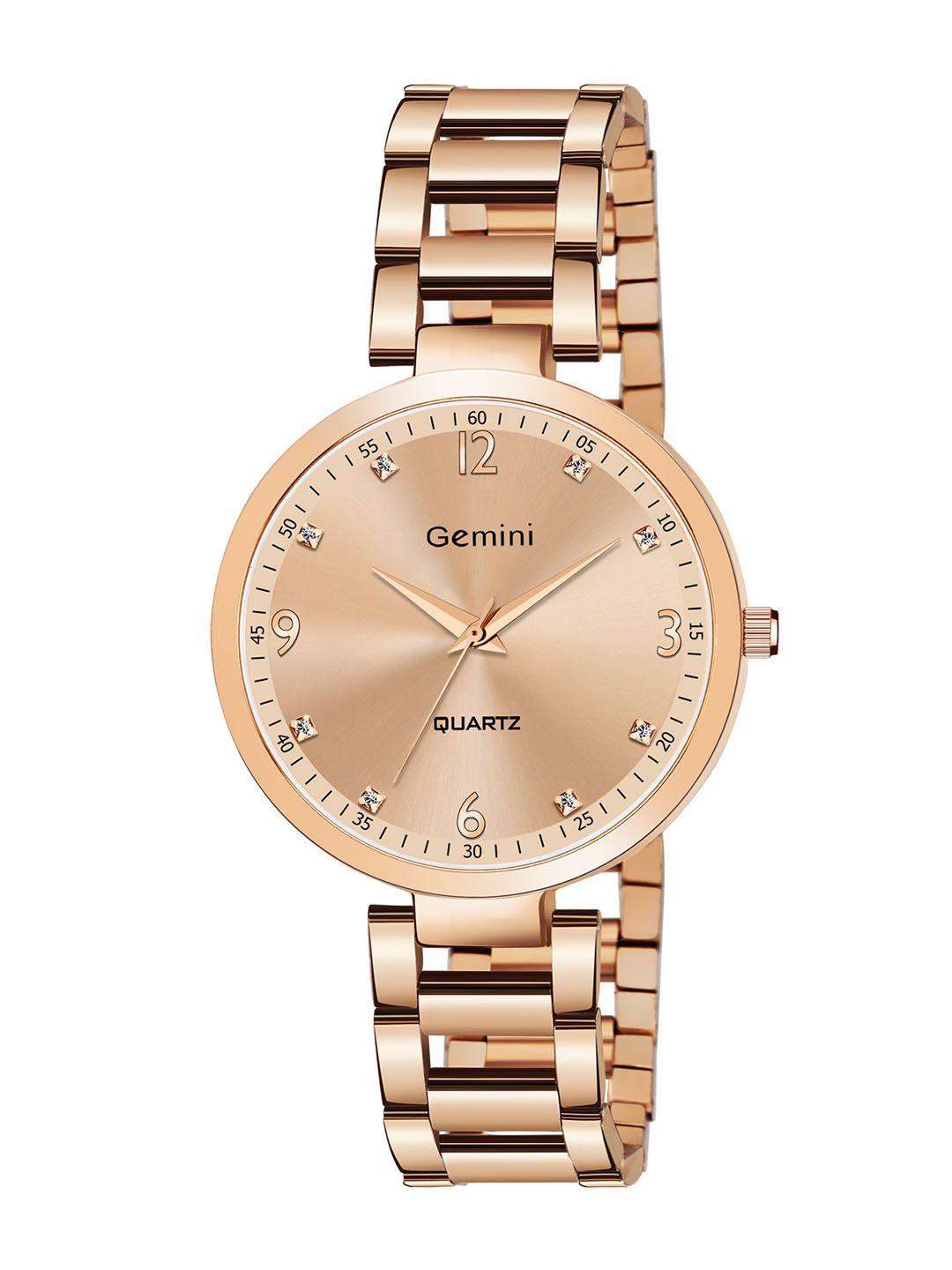 gemini women rose gold-toned embellished dial & stainless steel bracelet style straps analogue watch