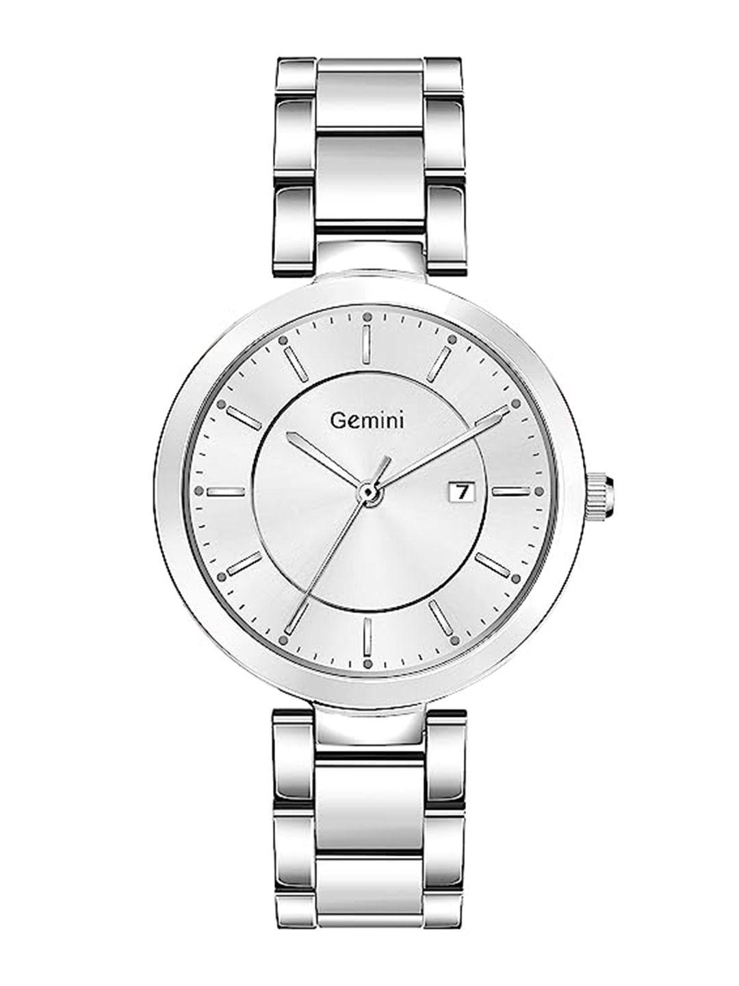 gemini women silver-toned mother of pearl dial & stainless steel bracelet style straps analogue watch bns