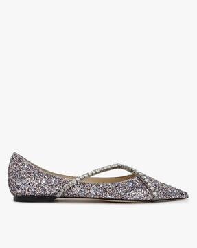genevi coarse glitter pointed-toe flat shoes with crystal chain