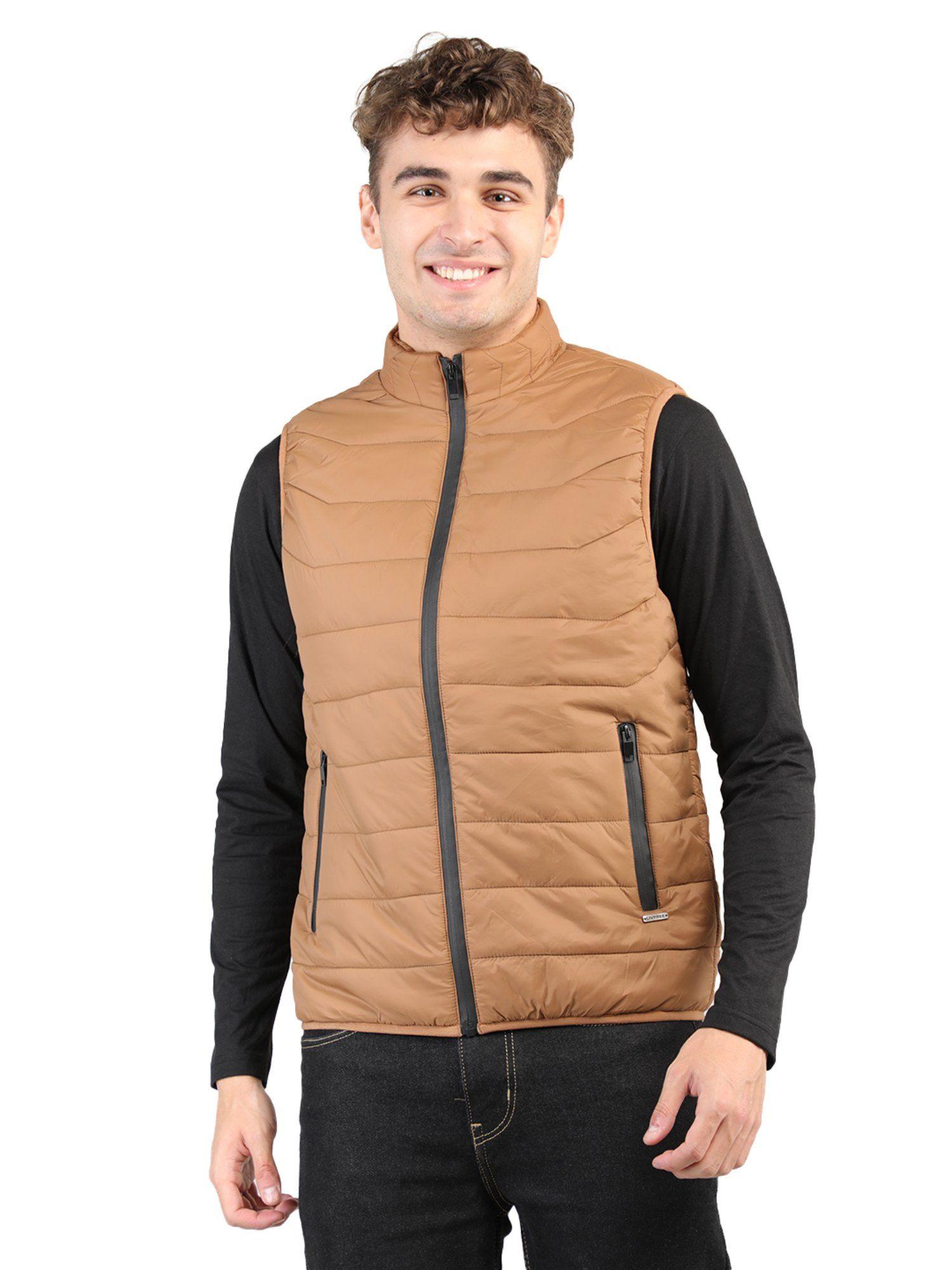 gents sleeveless high neck solid regular fit jacket in brown