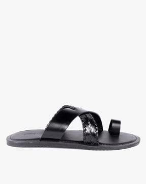 genuine leather slip-on sandals with toe-ring