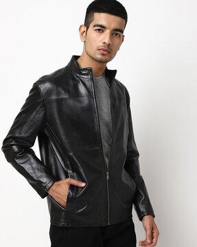 genuine leather zip-front biker jacket