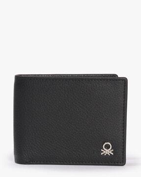 genuine leather bi-fold wallet with logo metal accent