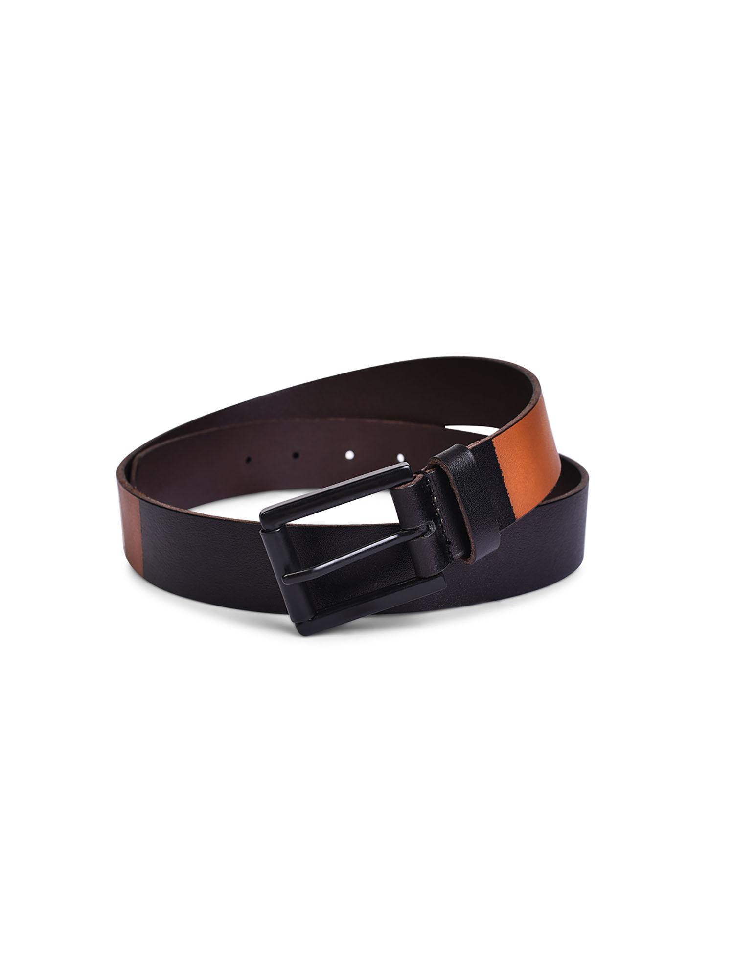genuine leather black & tan men's belt with roller black coated finished buckle.