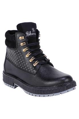 genuine leather lace up men's boots - black