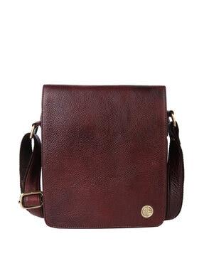 genuine leather messenger bag with flap closure