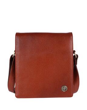 genuine leather messenger bag with flap closure