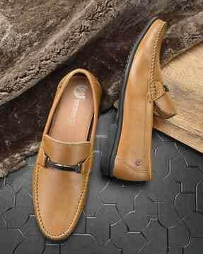 genuine leather slip-on loafers with metal accent