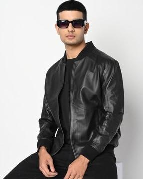 genuine leather zip-front biker jacket