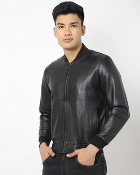 genuine leather zip-front biker jacket