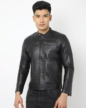 genuine leather zip-front biker jacket