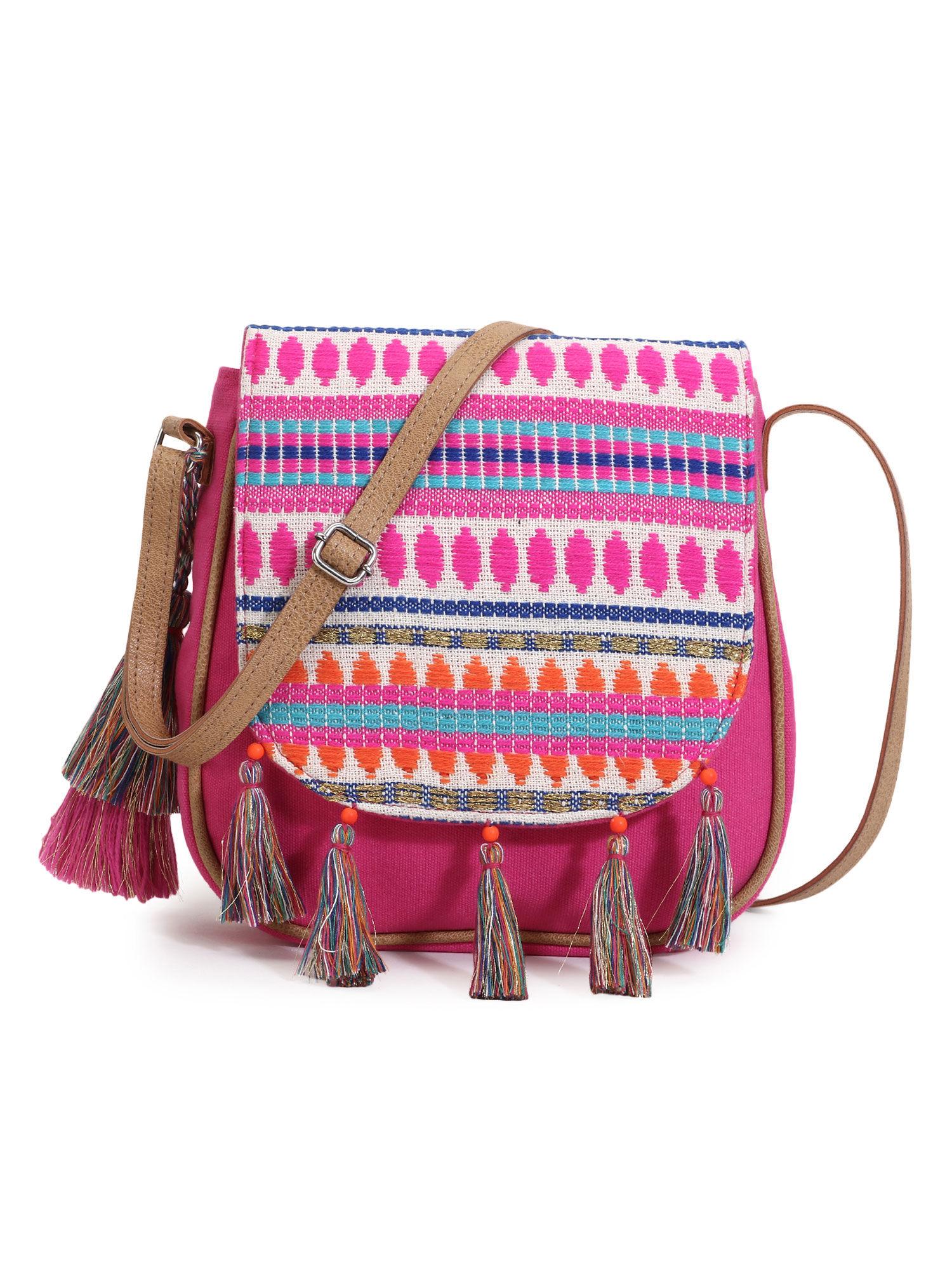 geomat pink & multi acrylic jacquard & canvas woven sling bag
