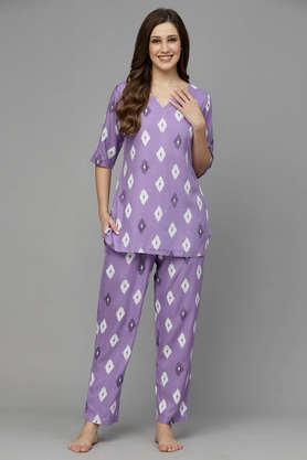 geometric full length rayon woven 's night suit set - purple