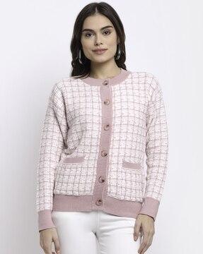 geometric pattern cardigan with patch pockets