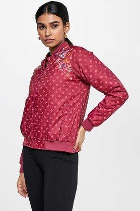 geometric polyester y neck women's casual jacket - maroon