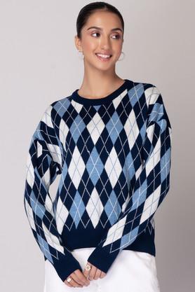 geometric print acrylic relaxed fit women's sweater - blue