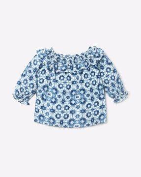 geometric print boat-neck top with ruffled overlay