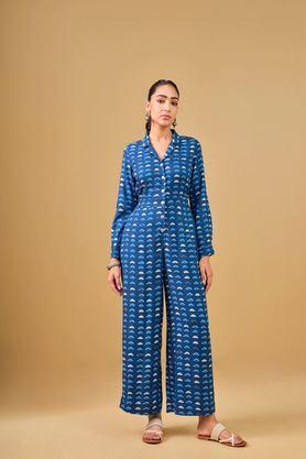 geometric print full sleeves viscose women's full length jumpsuit - blue