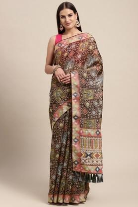 geometric print linen festive wear women's saree - natural