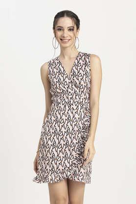 geometric print polyester v-neck women's mini dress - natural