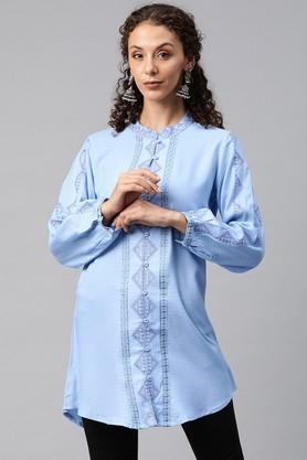 geometric print rayon collared women's kurti - blue