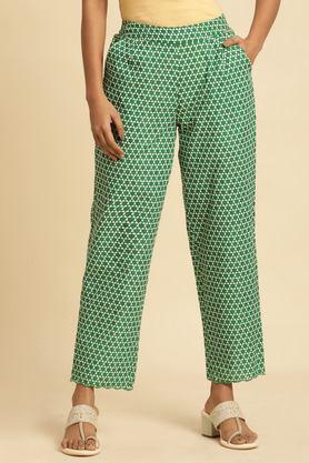 geometric print regular fit cotton women's casual wear pants - green