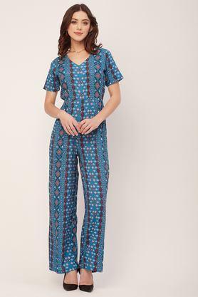 geometric print short sleeves rayon women's full length jumpsuit - blue