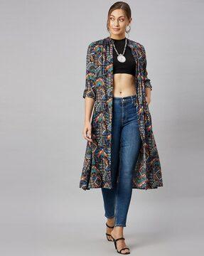 geometric print shrug with roll-up sleeves