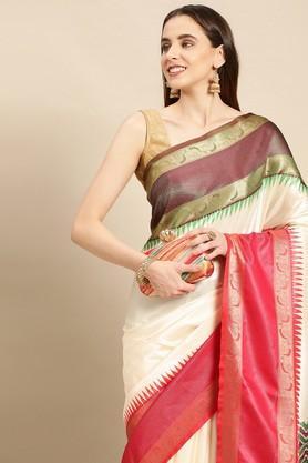 geometric print silk festive wear women's saree - white