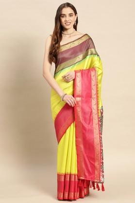 geometric print silk festive wear women's saree - yellow